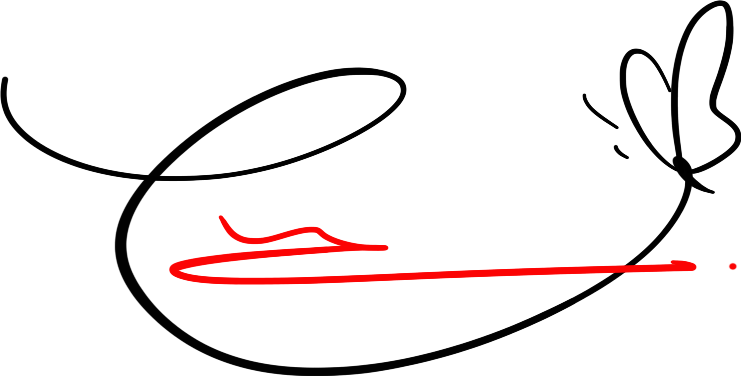 Cのサインデザイン C_007｜上のループから大きな弧を描き、右端に蝶の飾りを添えたC。
